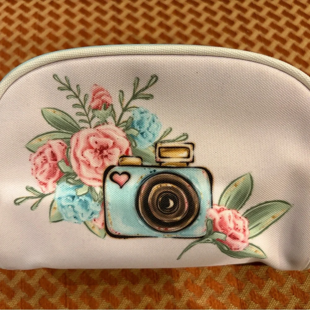 Floral Camera Cosmetic Pouch - White with Pink & Blue Accents